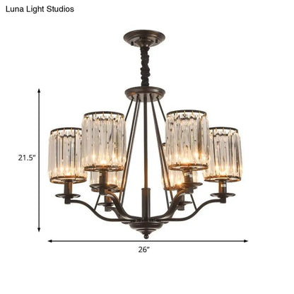 Lámpara de araña antigua de cristal prismático cilíndrica negra de 3/6/8 luces