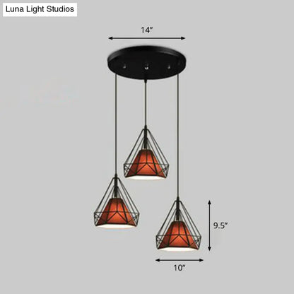 Antique 3-Head Fabric Conical Hanging Light: Stylish Dining Room Pendant with Diamond Cage