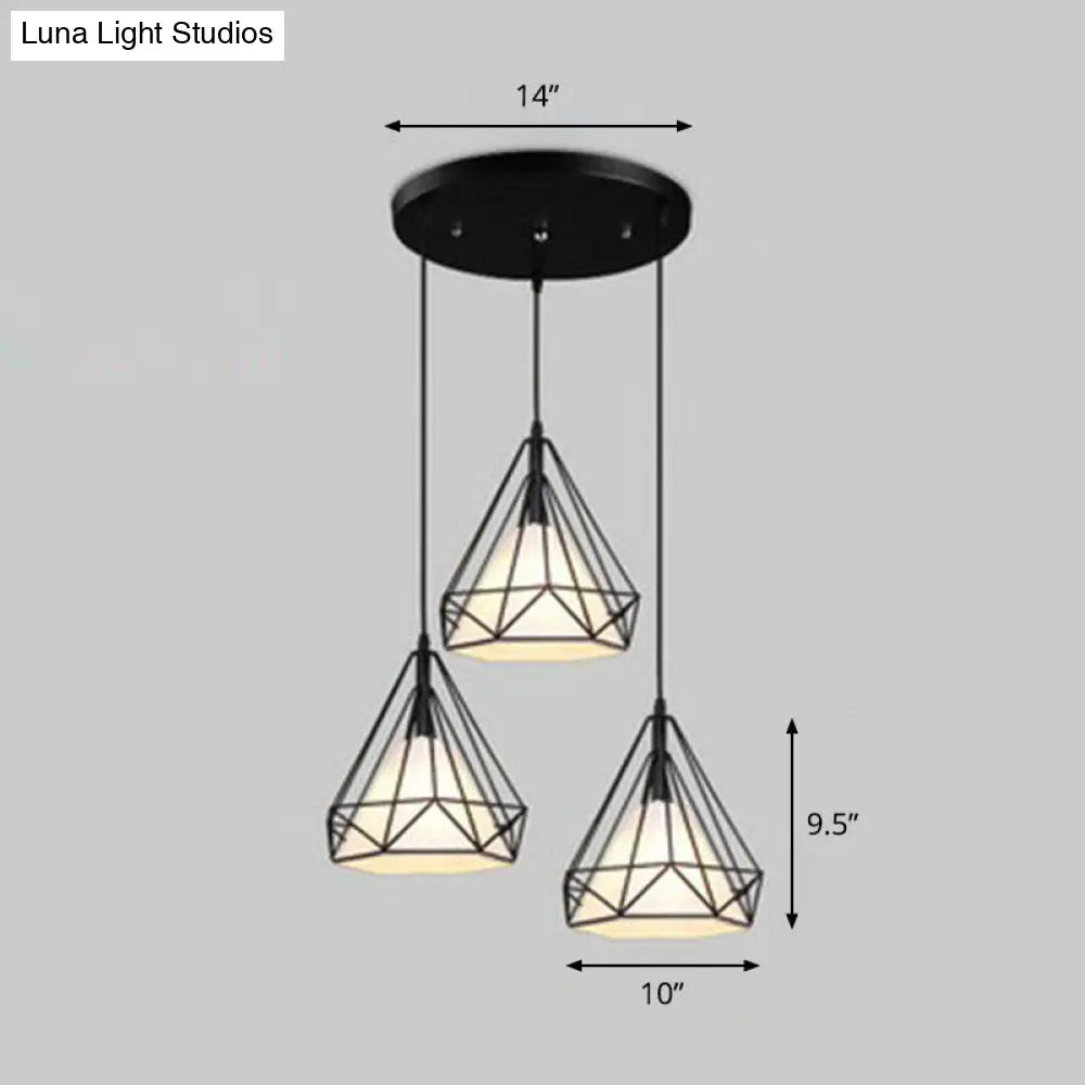 Antique 3-Head Fabric Conical Hanging Light: Stylish Dining Room Pendant with Diamond Cage