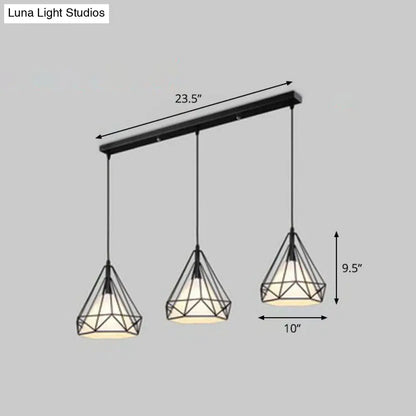 Lámpara colgante cónica antigua de tela de 3 cabezas: elegante lámpara colgante para comedor con jaula de diamante