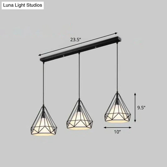 Lámpara colgante cónica antigua de tela de 3 cabezas: elegante lámpara colgante para comedor con jaula de diamante