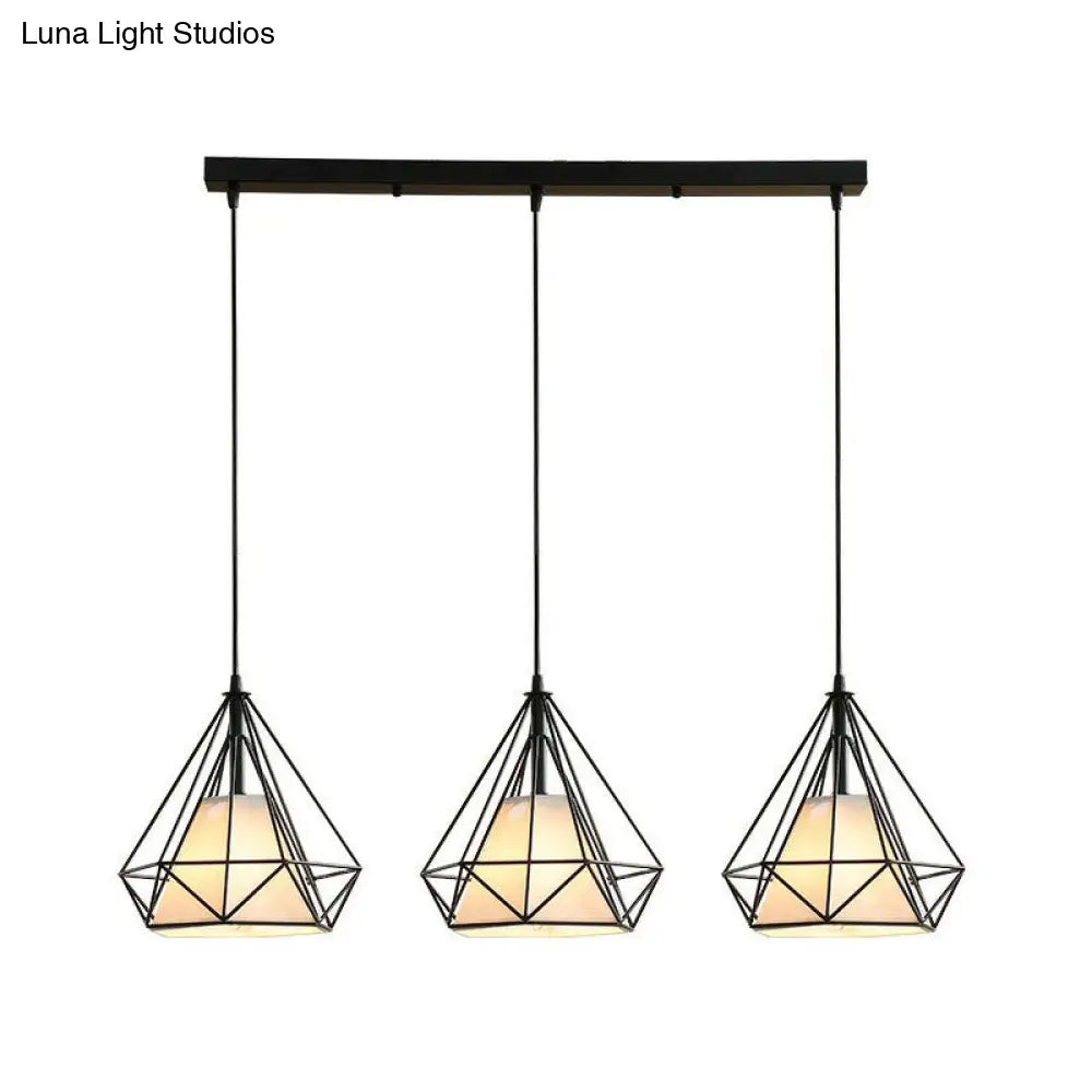 Lámpara colgante cónica antigua de tela de 3 cabezas: elegante lámpara colgante para comedor con jaula de diamante