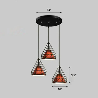 Antique 3-Head Fabric Conical Hanging Light: Stylish Dining Room Pendant with Diamond Cage