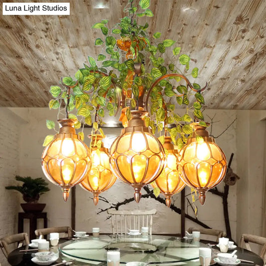 Lámpara de araña antigua de cristal ámbar con acabado de latón - Perfecta para la iluminación del comedor (5/9 luces)