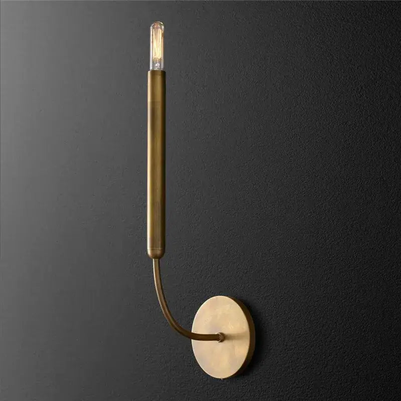 Brass candle-style wall lamp with curved arm and exposed filament bulb for antique art deco gold mirror lights
