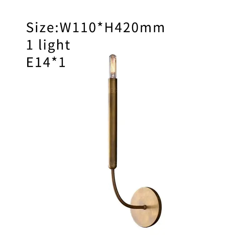 Brass-finished antique art deco wall lamp with slender curved arm and exposed edison bulb for gold mirror lights