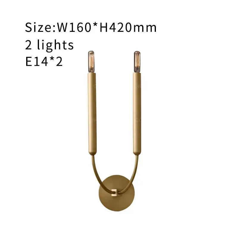 Gold-toned antique art deco wall lamps with two slender candle arms for living room mirror lights