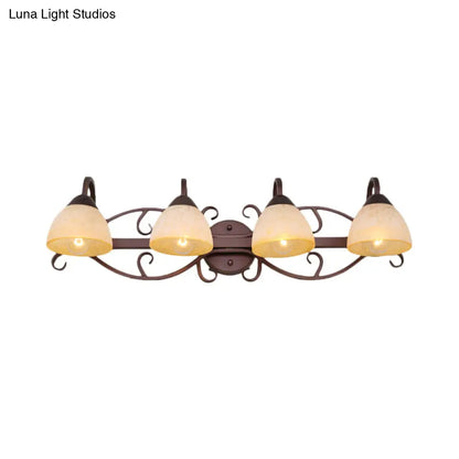 Aplique de pared antiguo de cristal beige con brazo curvo y múltiples bombillas para baño