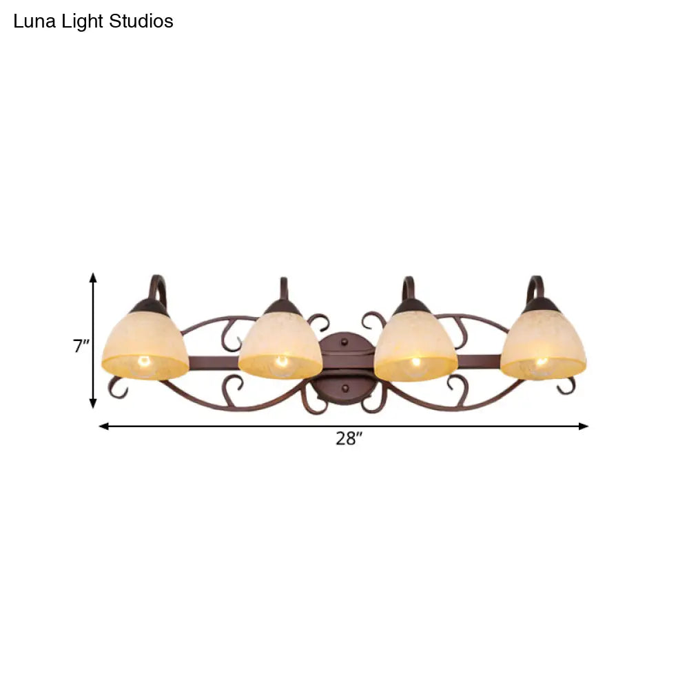 Aplique de pared antiguo de cristal beige con brazo curvo y múltiples bombillas para baño