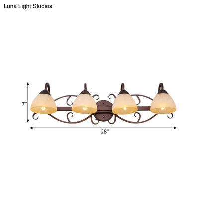 Aplique de pared antiguo de cristal beige con brazo curvo y múltiples bombillas para baño