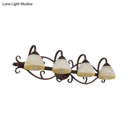 Aplique de pared antiguo de cristal beige con brazo curvo y múltiples bombillas para baño