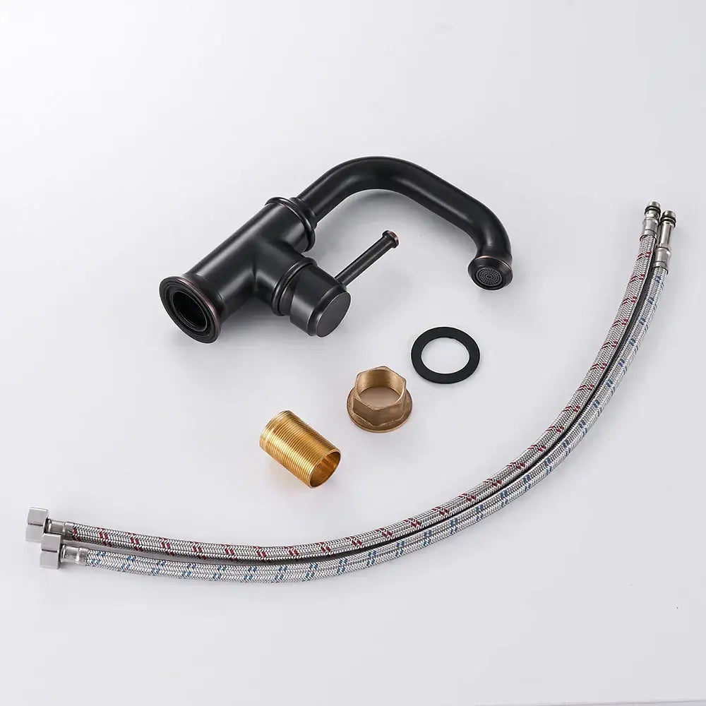 Antique black brass bathroom faucet with single-handle design black matte finish and flexible hoses for cold water