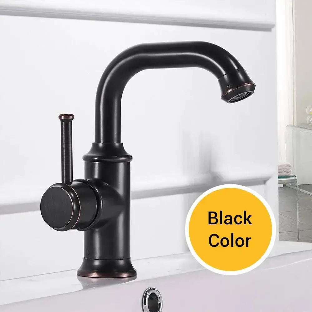 Antique black brass bathroom faucet single handle with black matte finish curved spout and rose gold accents for cold water