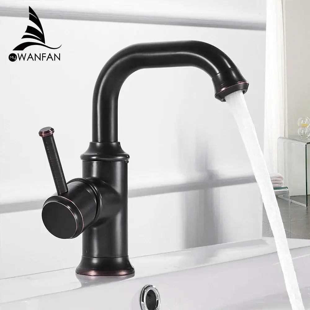 Antique black brass bathroom faucet single handle with black matte finish curved spout and rose gold accents for cold water