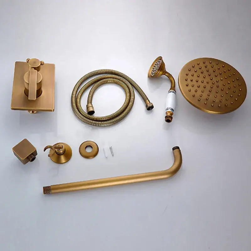 Gold-finished brass bathroom rain shower set with square valve round rainhead and adjustable handheld sprayer by decorbites black antique
