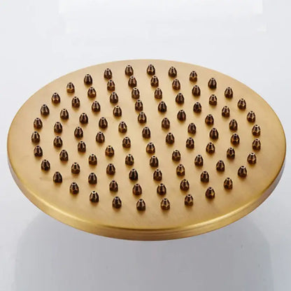 Gold-colored round showerhead with matte finish and multiple nozzles for decorbites black antique bathroom rain shower system