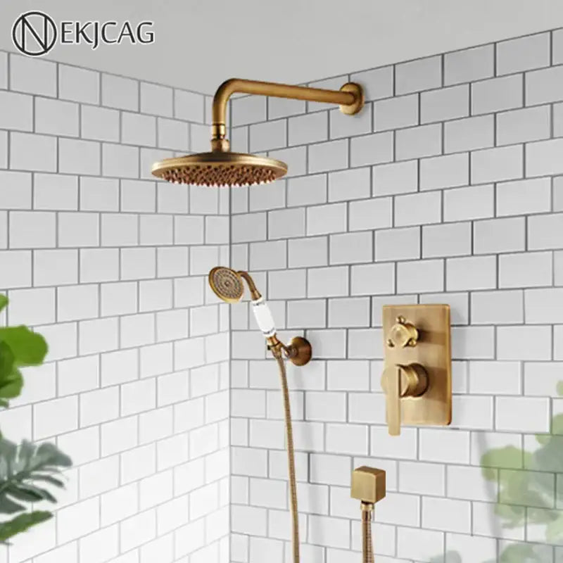 Brass-finished decorbites black antique bathroom rain shower system with round rainhead handheld sprayer and control valve