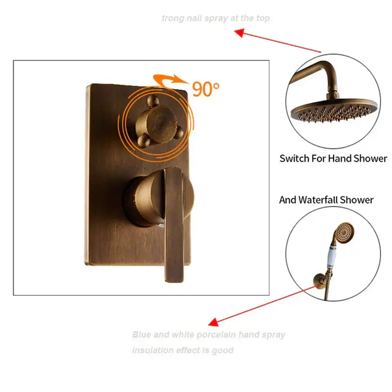 Brass-finished modern shower valve with integrated handshower and waterfall spray for decorbites black antique bathroom rain shower system