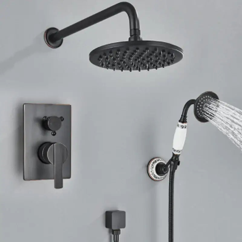 Black matte bathroom rain shower system by decorbites black antique with circular rain showerhead and ceramic handheld sprayer