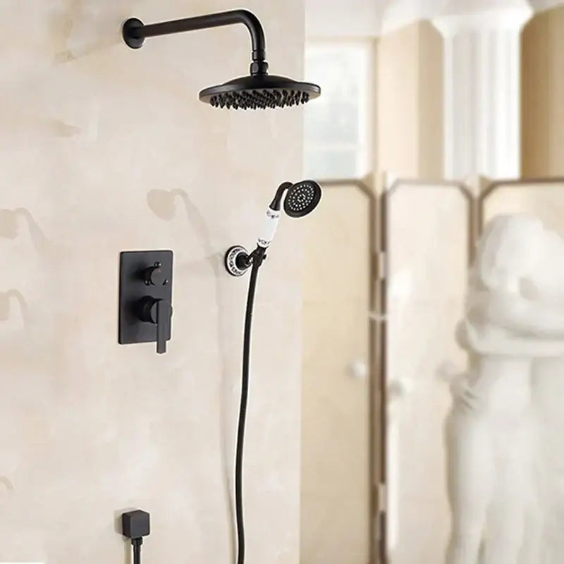 Antique black brass bathroom rain shower system by decorbites black with matte finish and white accent handheld sprayer