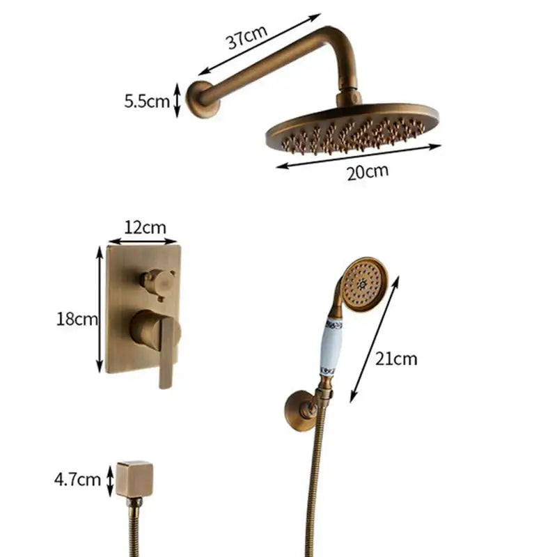 Brass-finished decorbites black antique bathroom rain shower head with 20cm diameter and 37cm arm length