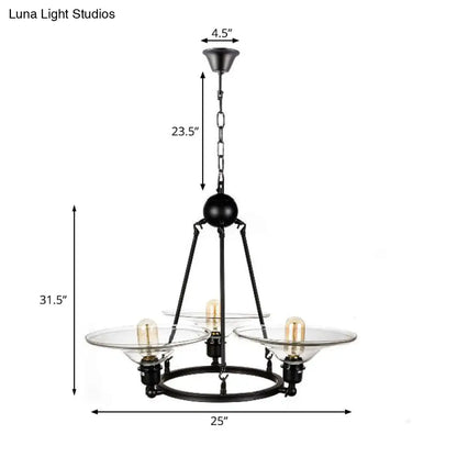 Lámpara de araña antigua negra - Lámpara colgante cónica de cristal transparente de 3 luces para sala de estar