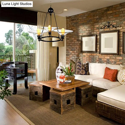 Lámpara de araña antigua negra - Lámpara colgante cónica de cristal transparente de 3 luces para sala de estar