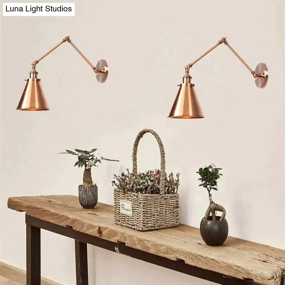Copper-finished antique adjustable wall lamp sconce with articulated arms and conical shades for bedroom lighting