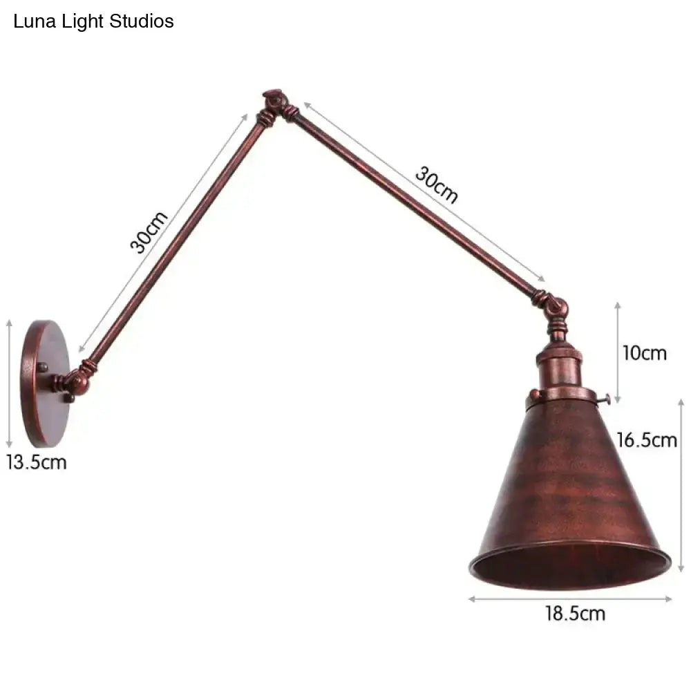 Antique black and copper adjustable wall lamp sconce with bronze finish, conical shade, and articulated arm for bedroom use