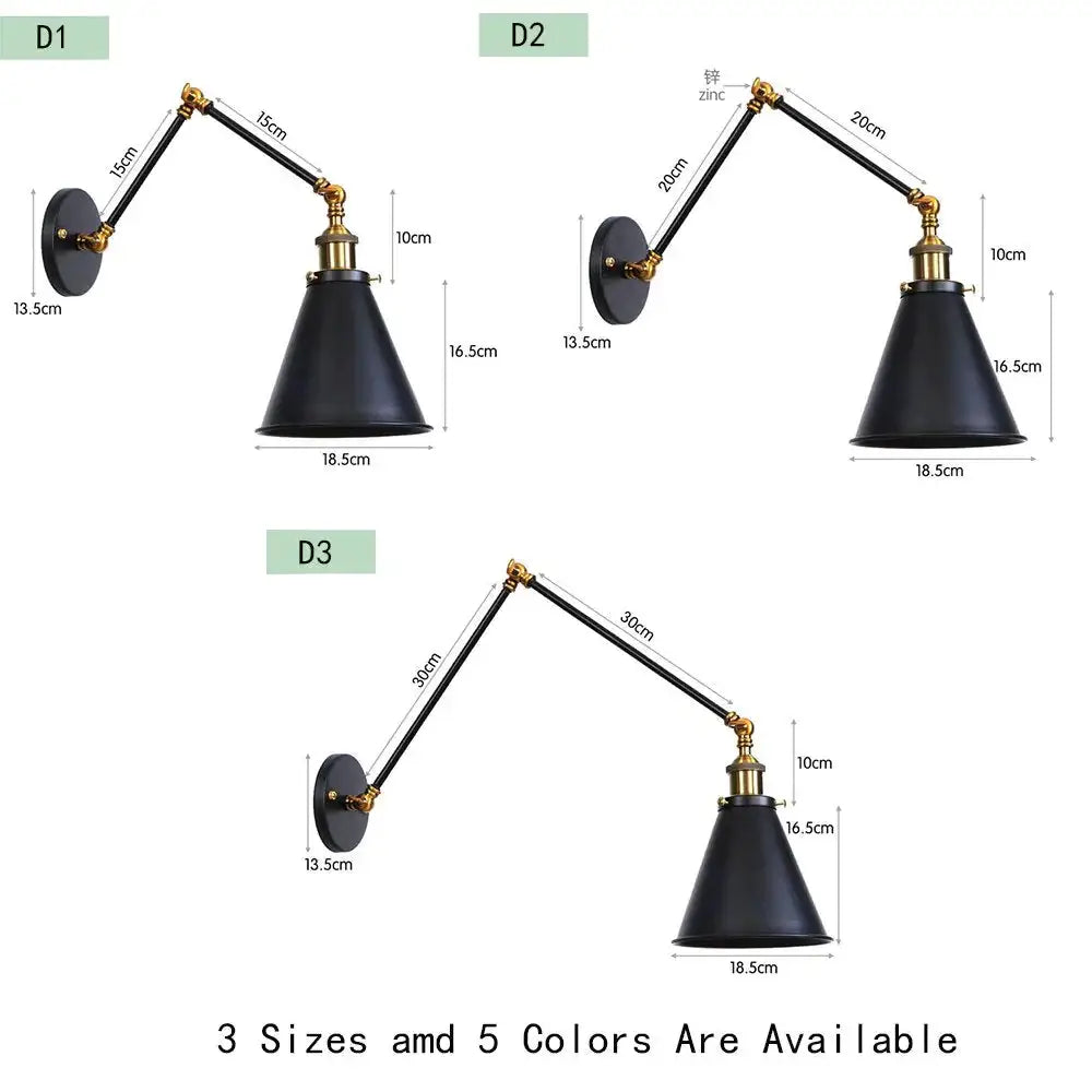 Antique adjustable wall lamp sconce in black matte with copper accents and conical shades available in three sizes