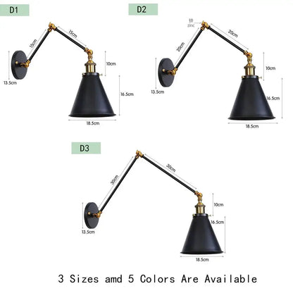 Antique adjustable wall lamp sconce in black matte with copper accents and conical shades available in three sizes