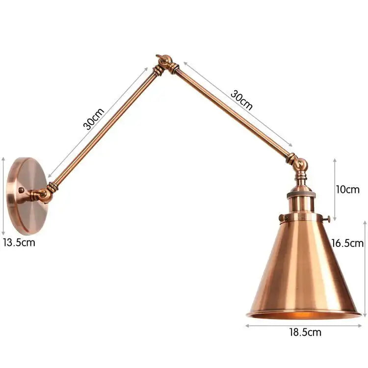 Brass-finished antique adjustable wall lamp sconce with conical shade and articulated arms for bedroom lighting