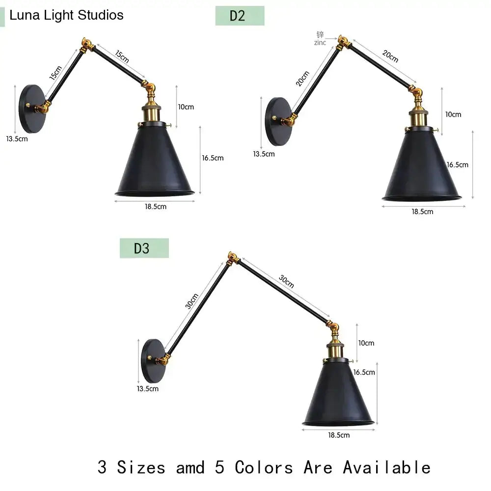 Antique adjustable wall lamp black conical metal sconce with brass accents and zinc adjustable arms for bedroom lighting