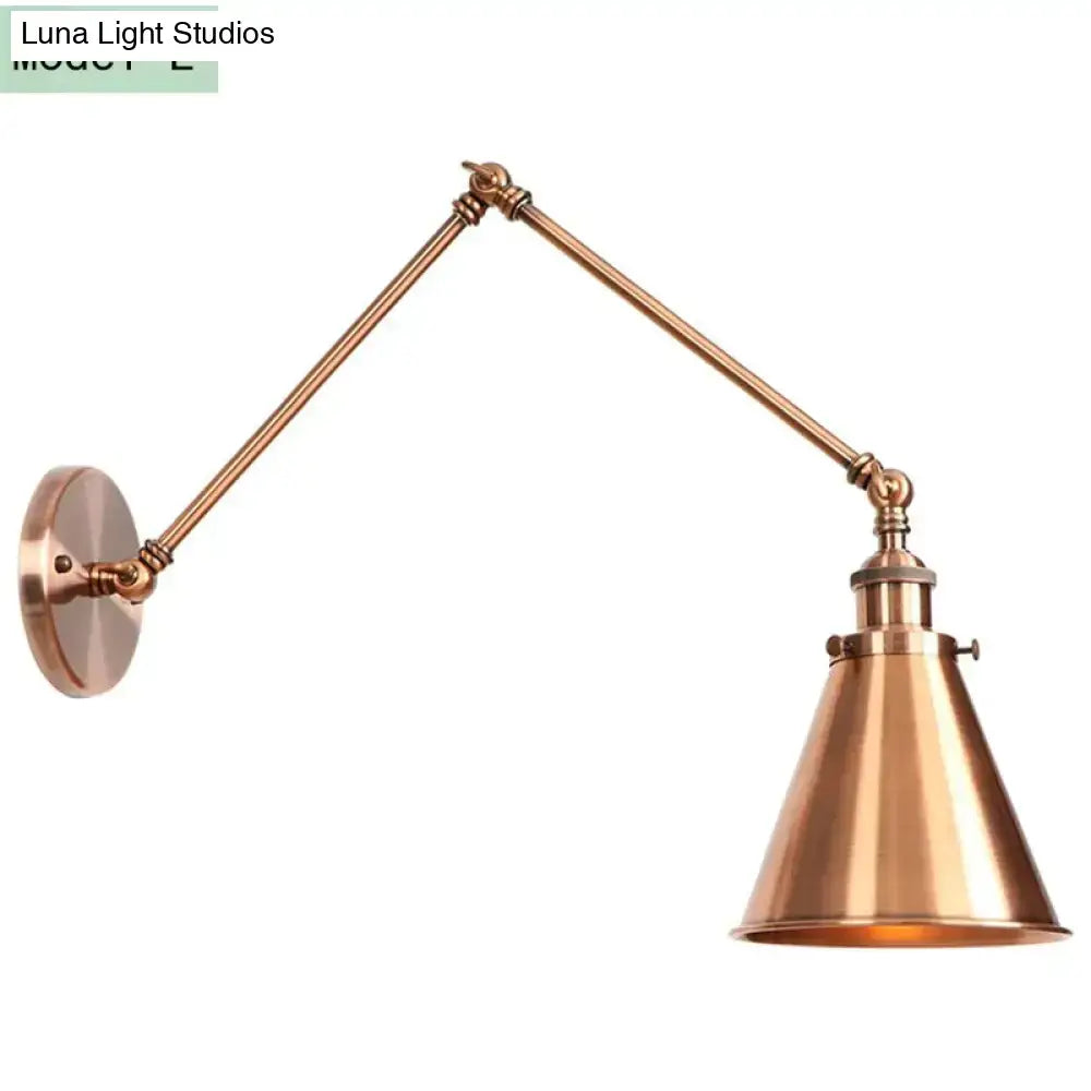 Antique black and copper adjustable wall lamp sconce with brass finish conical shade and articulated arms for bedroom lighting