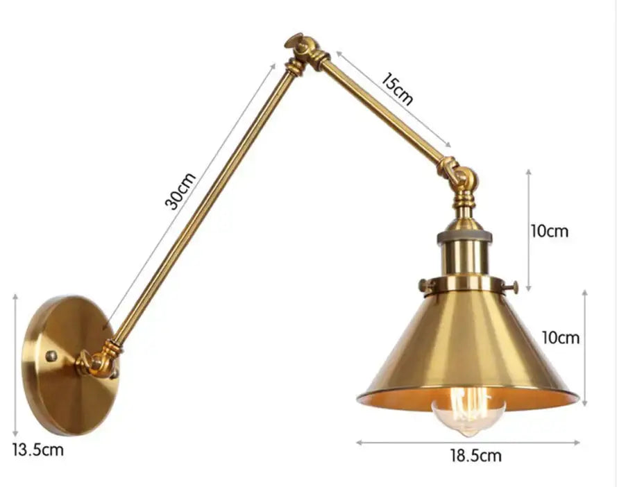 Antique adjustable wall lamp sconce in brass finish with conical shade and exposed bulb for bedroom lighting
