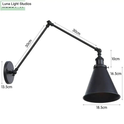 Antique black and copper adjustable wall lamp sconce with black matte finish and conical shade for bedroom lighting
