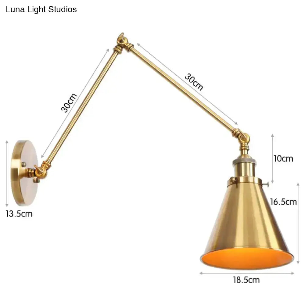 Antique adjustable wall lamp with brass finish, conical shade, and orange interior as wall lamp sconce for bedroom