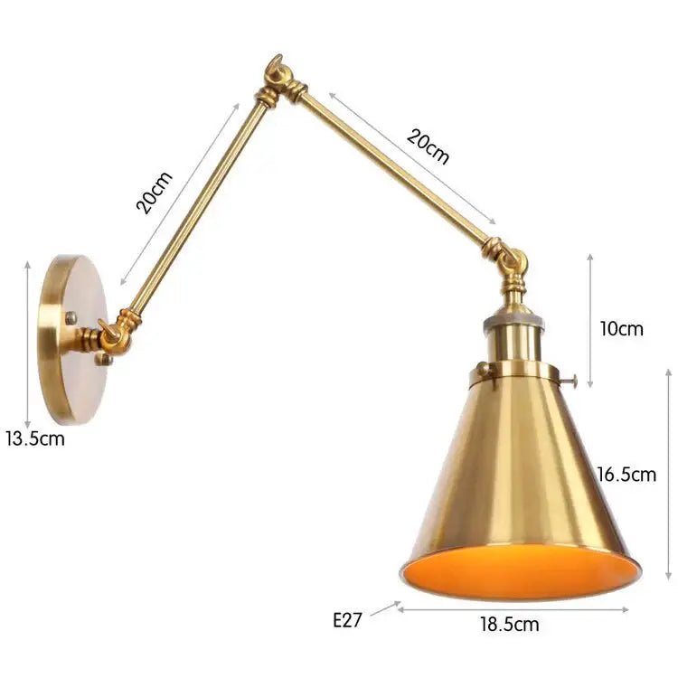Brass antique adjustable wall lamp with conical shade and e27 bulb socket for bedroom wall lamp sconce lighting