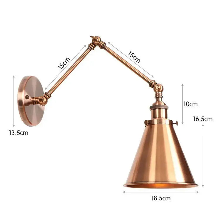 Brass-finished antique adjustable wall lamp sconce with conical shade and articulated arms for bedroom lighting