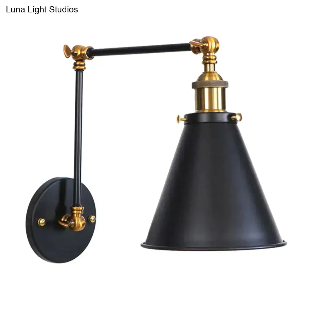 Antique adjustable wall lamp with black matte finish brass accents and adjustable arm ideal for bedroom lighting