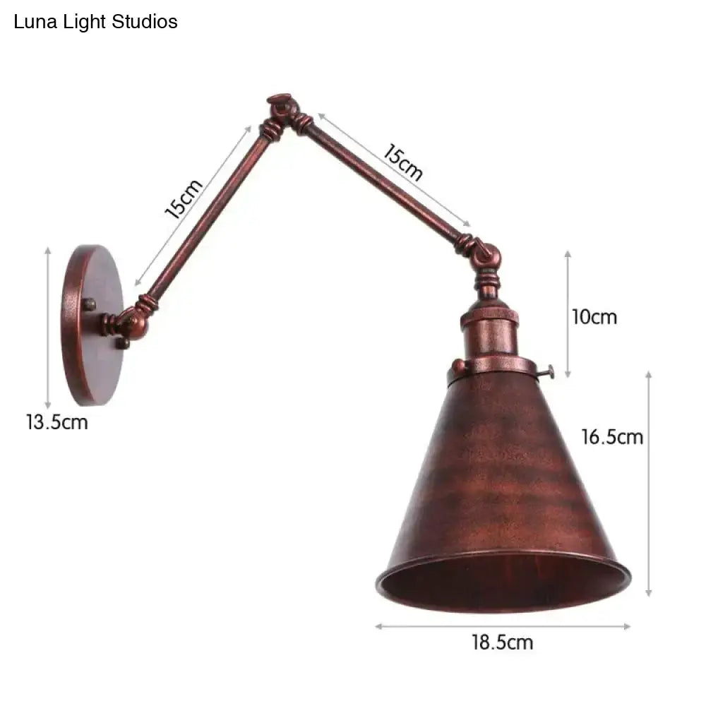 Antique black and copper adjustable wall lamp sconce with bronze finish conical shade and articulated arm for bedroom lighting