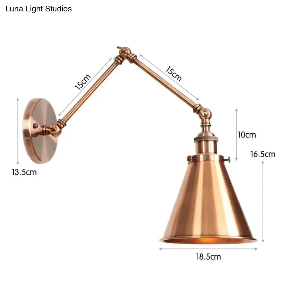 Brass antique adjustable wall lamp with conical shade and articulated arms in black and copper for bedroom use