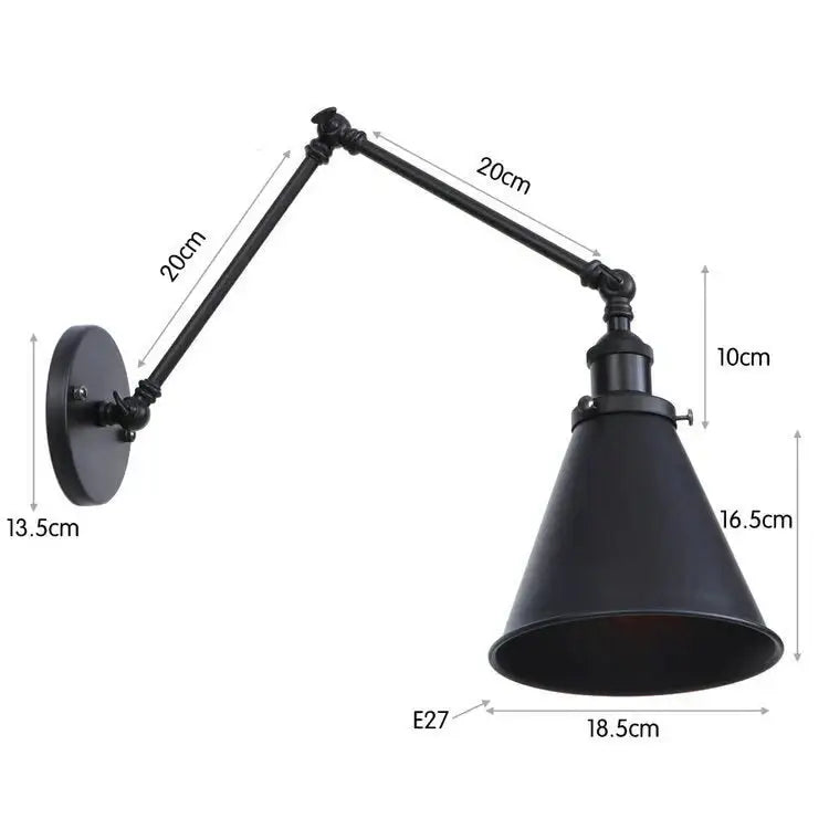 Antique black and copper adjustable wall lamp sconce with black matte finish and conical shade for bedroom lighting