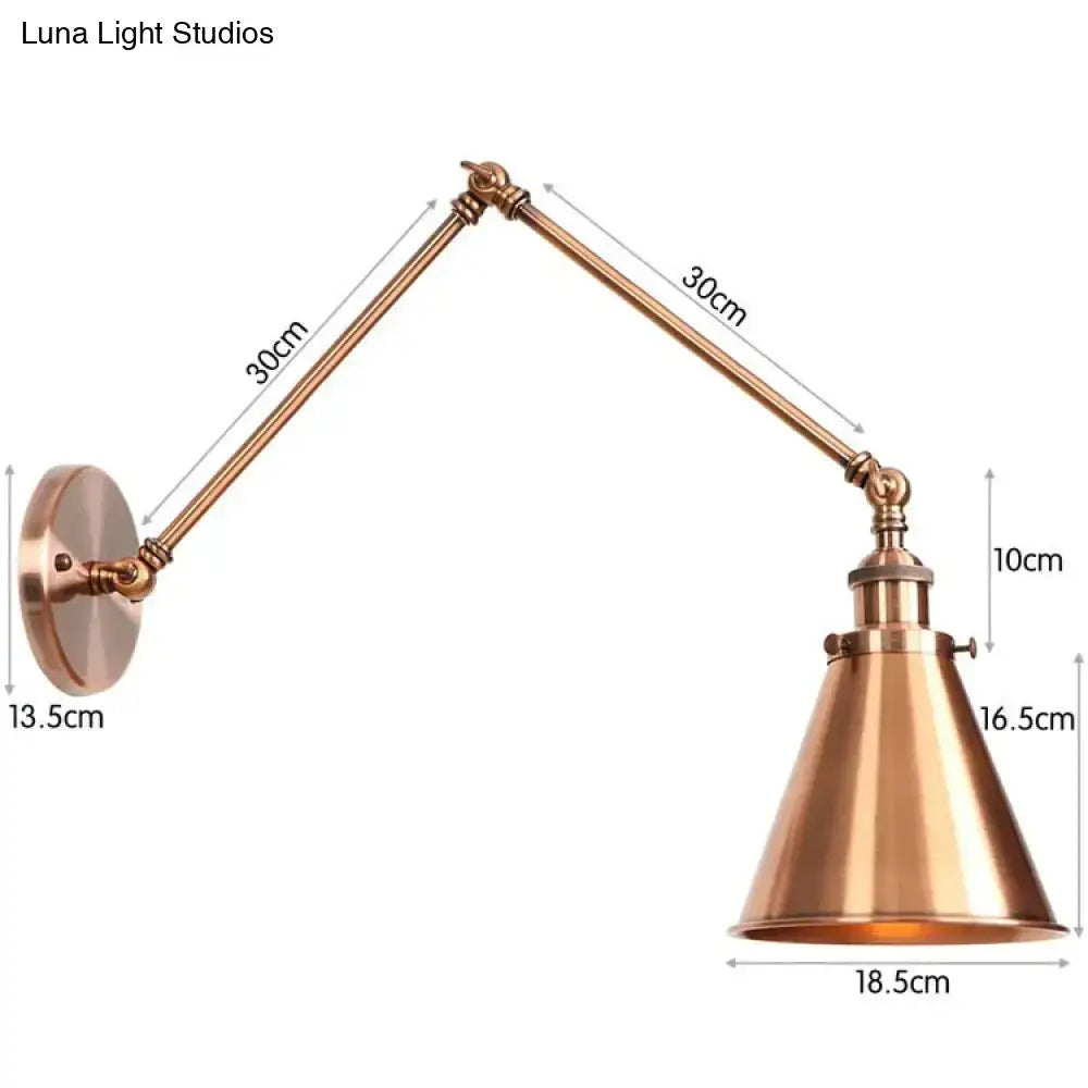 Brass-finished antique adjustable wall lamp with conical shade and articulated arms for bedroom lighting