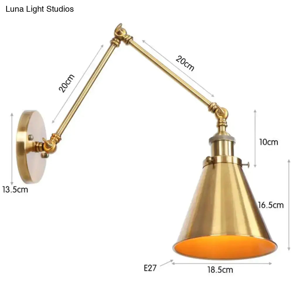 Antique black and copper adjustable wall lamp sconce with brass finish conical shade and e27 bulb socket for bedroom light