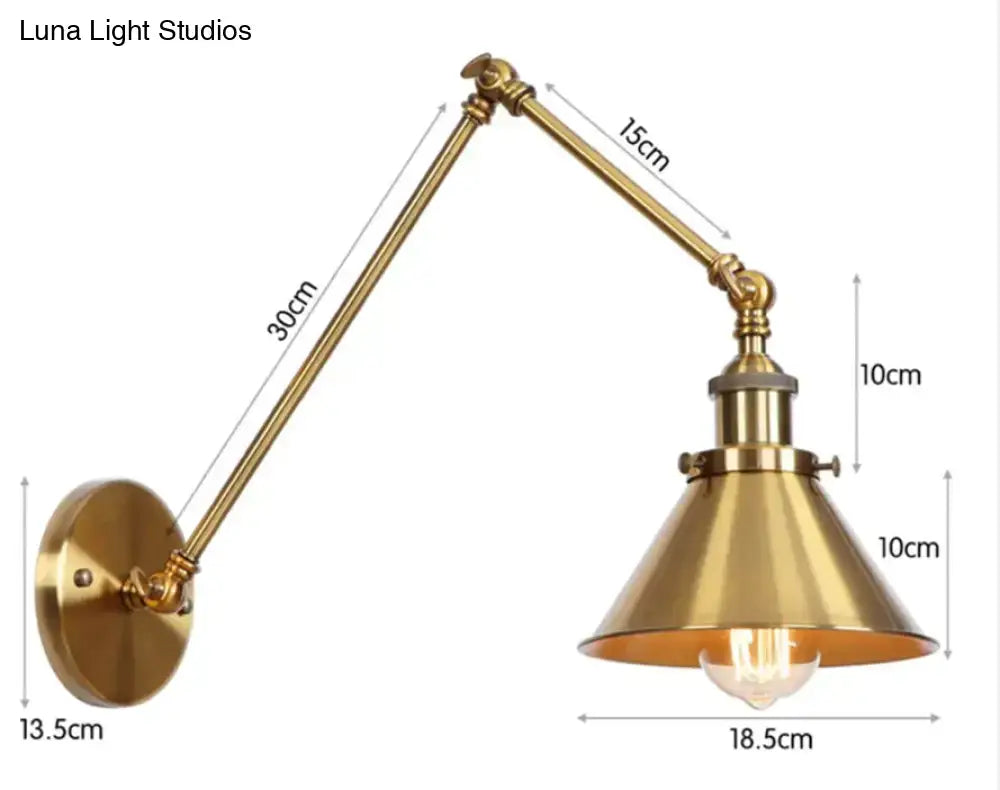 Antique adjustable wall lamp sconce in brass finish with conical shade and exposed bulb for bedroom lighting