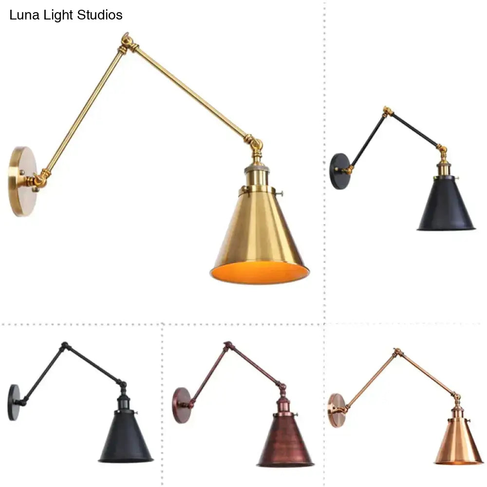 Antique adjustable wall lamp sconce in brass and black with conical shade for bedroom lighting