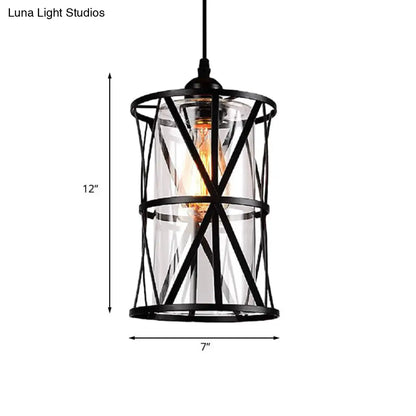 Antique Black Cylinder Pendant Light with Clear Glass/Fabric Shade - Elegant Living Room Ceiling Fixture with Plug and Iron Frame