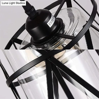 Antique Black Cylinder Pendant Light with Clear Glass/Fabric Shade - Elegant Living Room Ceiling Fixture with Plug and Iron Frame