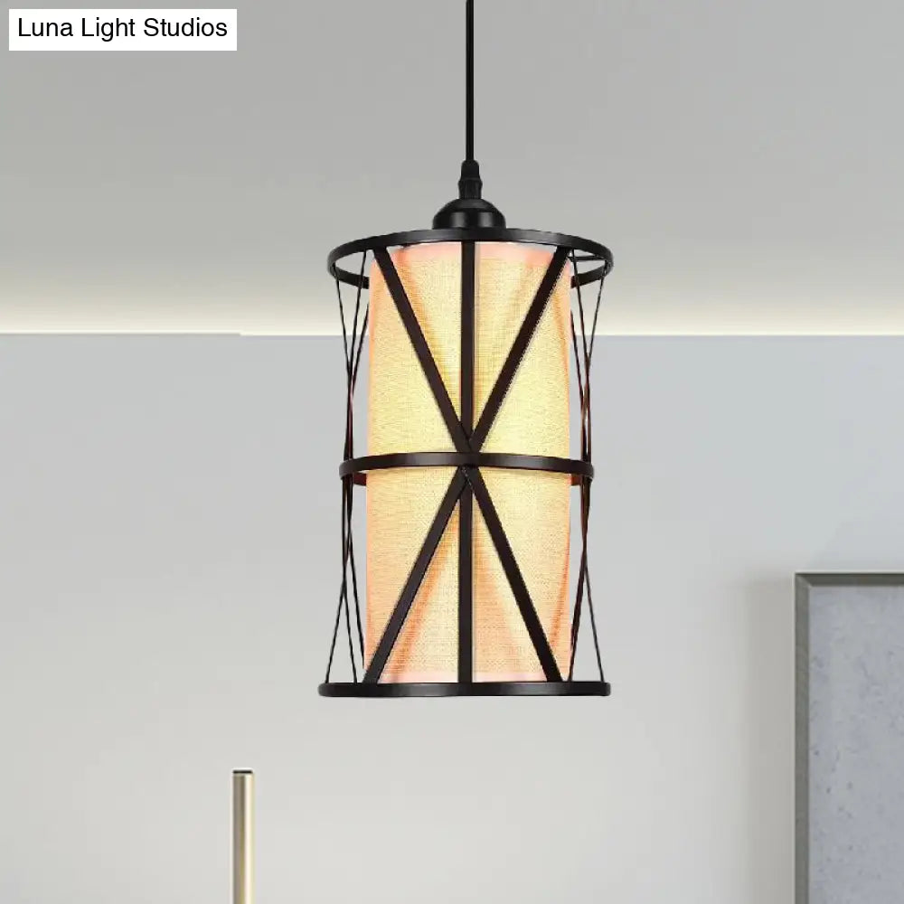 Antique Black Cylinder Pendant Light with Clear Glass/Fabric Shade - Elegant Living Room Ceiling Fixture with Plug and Iron Frame